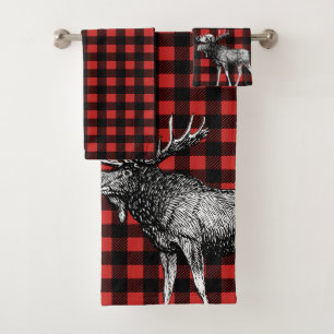 Rustic Moose Red & Black Buffalo Check Plaid Bath Towel Set