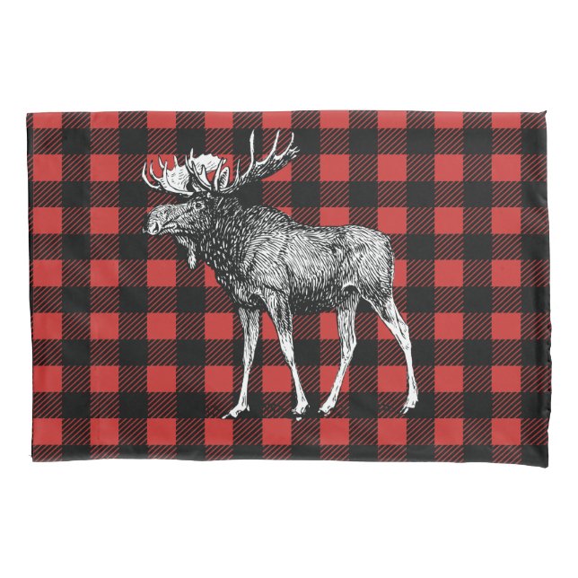 Rustic Moose Red & Black Buffalo Lumberjack Plaid Pillowcase (Front)