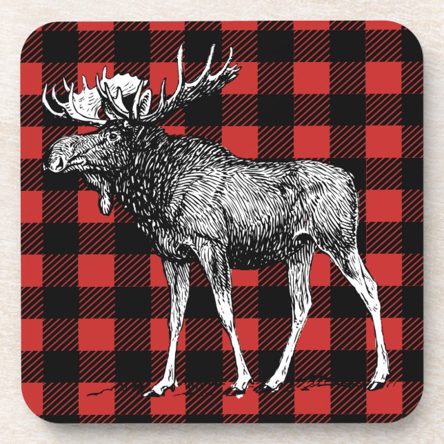 Rustic Moose Red & Black Buffalo Plaid Man Cave Coaster (Front)