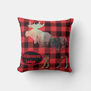 Rustic Moose Red Buffalo Plaid Add Name Cabin Cushion