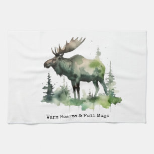 Rustic Moose "Warm Hearts & Full Mugs" custom Tea Towel