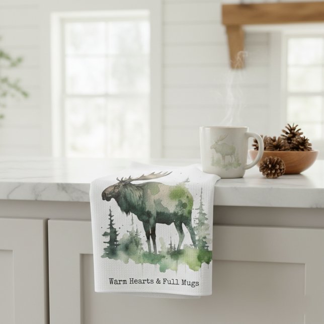 Rustic Moose "Warm Hearts & Full Mugs" custom Tea Towel (Creator Uploaded)