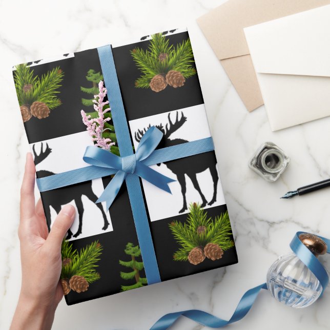 Rustic Moose with Pine Tree Branches  Wrapping Paper (Gifting)
