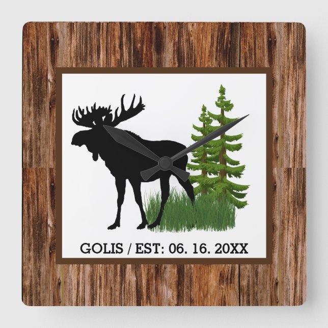 Rustic Moose with Wood Grain Trim Wall Clock (Front)