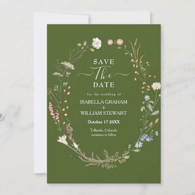 Rustic Moss Green Boho Wildflower Save The Date Invitation (Front)
