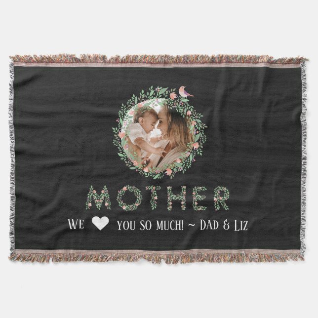 Rustic Mother Floral Frame Photo Custom Throw Blanket (Front)