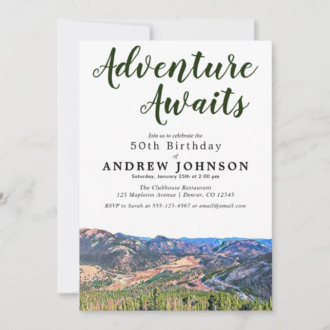Rustic Mountain Adventure Awaits Birthday Party In Invitation (Front)