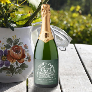 Rustic Mountain Adventure Green Chalkboard Wedding Sparkling Wine Label