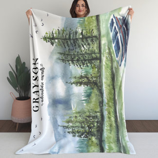 Rustic Mountain Adventure with Boat + Custom Name Fleece Blanket