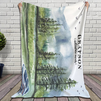Rustic Mountain Adventure with Boat + Custom Name  Sherpa Blanket