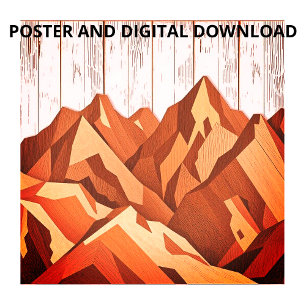 Rustic Mountain Artwork in Organic Wood Background Poster
