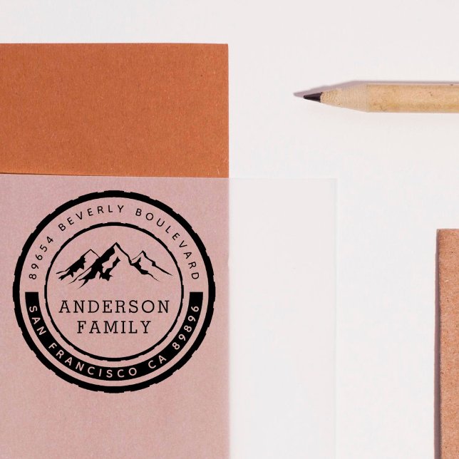 Rustic Mountain Badge Family Name & Return Address Rubber Stamp (Creator Uploaded)