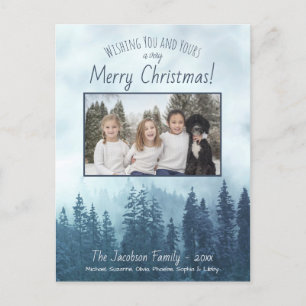 Rustic Mountain Blue Pines Merry Christmas Photo Holiday Postcard