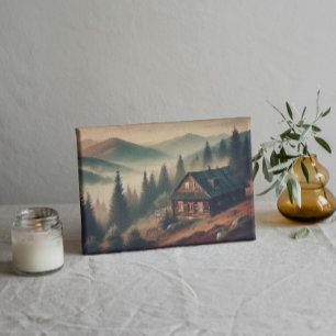 "Rustic Mountain Cabin in Fog – Vintage Forest Canvas Print
