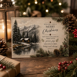 Rustic Mountain Cabin Landscape Christmas | Holiday Card