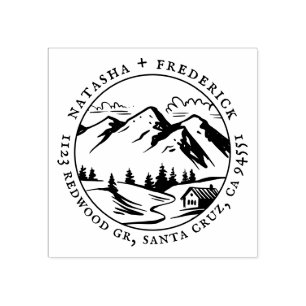 Rustic Mountain Cabin Sketch Couple Return Address Rubber Stamp