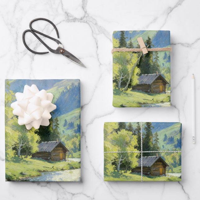 Rustic Mountain Cabin Wrapping Paper (Front)
