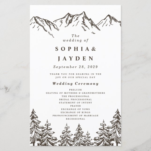 Rustic Mountain Elegant Pine Tree Wedding Programs (Front)
