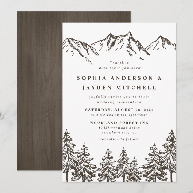 Rustic Mountain Elegant Watercolor Pine Wedding Invitation (Front/Back)