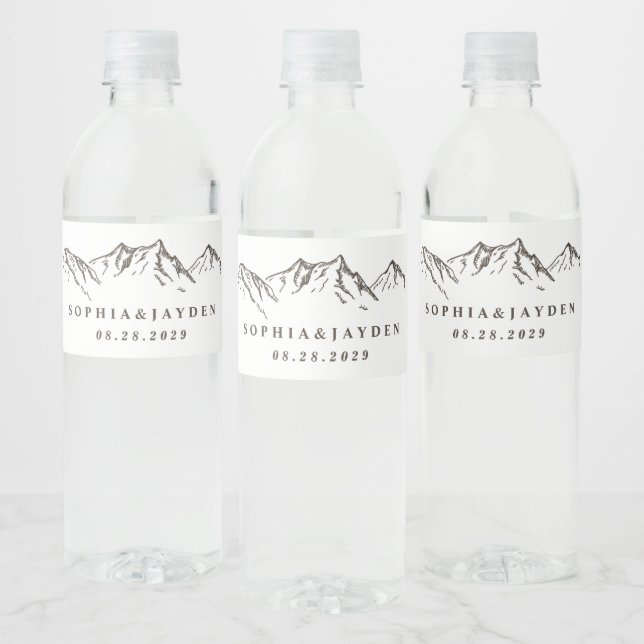 Rustic Mountain Elegant Watercolor Pine Wedding Water Bottle Label (Bottles)