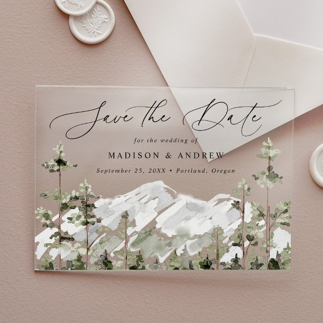 Rustic Mountain Evergreen Forest Save the Date Acrylic Invitations (Creator Uploaded)