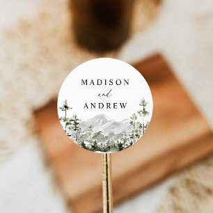 Rustic Mountain Evergreen Forest Wedding Classic Round Sticker