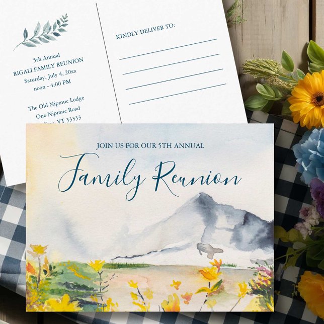 Rustic Mountain Family Reunion Postcard (Family reunion postcard invitations watercolor mountains by Victoria Grigaliunas VG Invites)