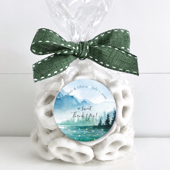 Rustic Mountain Fireflies Thank You Classic Round Sticker (Creator Uploaded)