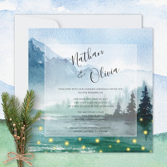 Rustic Mountain Fireflies Watercolor Wedding Invitation (Creator Uploaded)