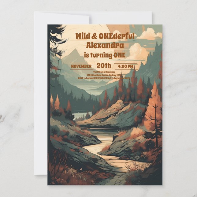 Rustic Mountain Forest Evergreen 1st Birthday Invitation (Front)