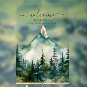 Rustic Mountain Forest Evergreen Tree Wedding Acrylic Sign
