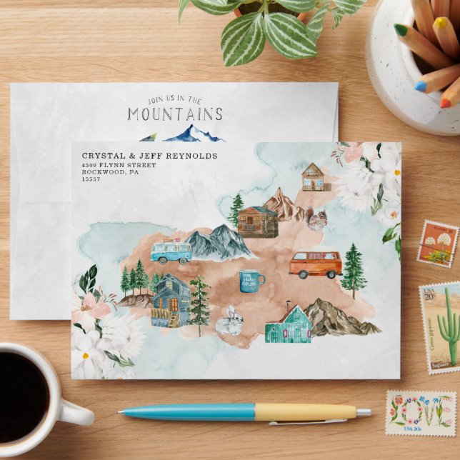 Rustic Mountain Forest Evergreen Tree Wedding Envelope (Desk)