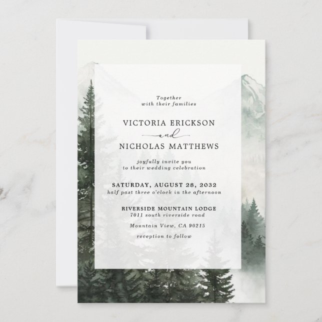 Rustic Mountain Forest Evergreen Tree Wedding Invitation (Front)