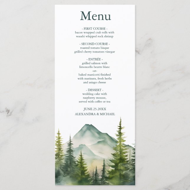 Rustic Mountain Forest Evergreen Tree Wedding Menu (Front)