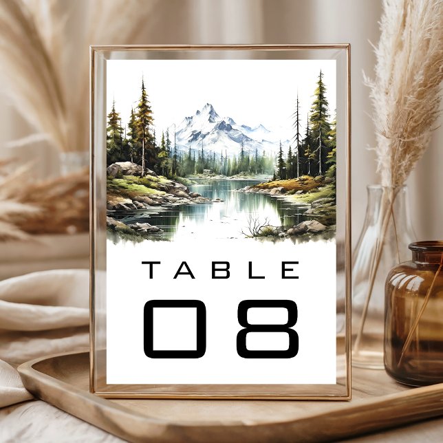Rustic Mountain Forest Lake Wedding Table Number (Creator Uploaded)