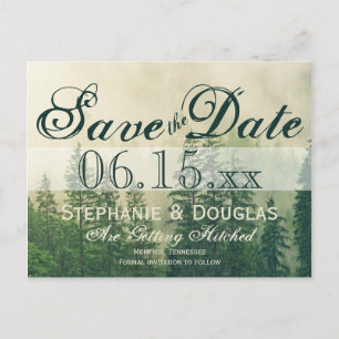 Rustic Mountain Forest Pine Trees Save the Date Announcement Postcard