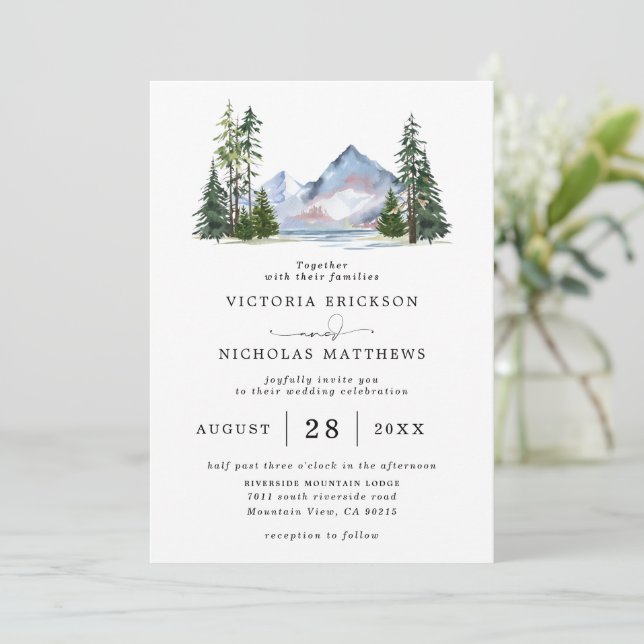 Rustic Mountain Forest Tree Budget QR Code Wedding Invitation (Standing Front)
