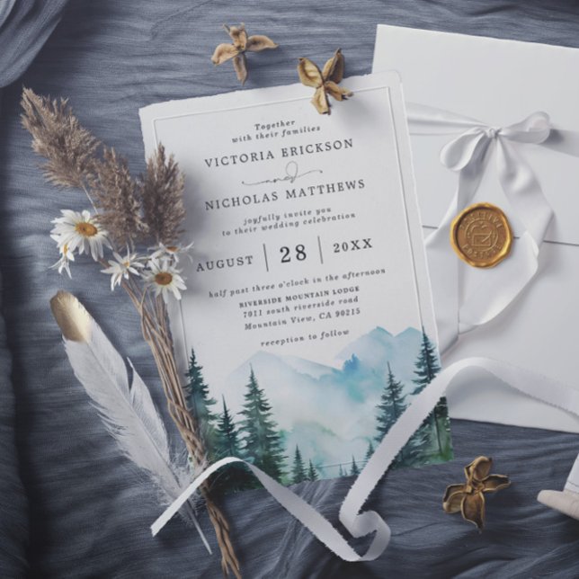 Rustic Mountain Forest Tree Budget QR Code Wedding Invitation (Creator Uploaded)