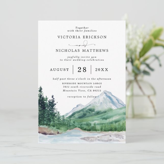 Rustic Mountain Forest Tree Budget QR Code Wedding Invitation (Standing Front)
