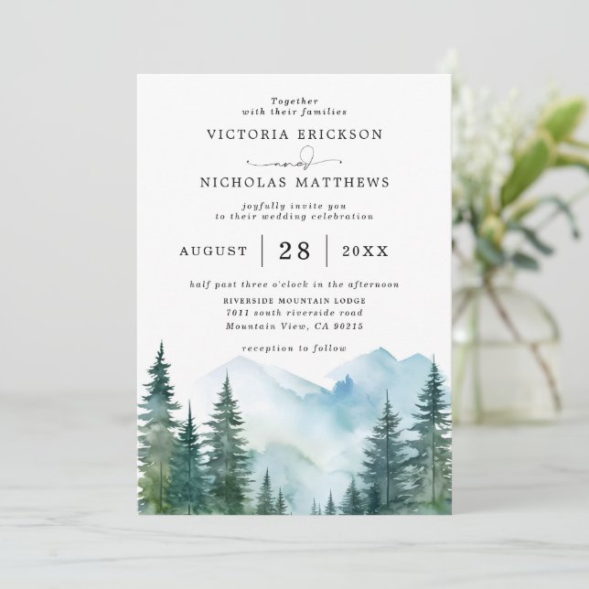 Rustic Mountain Forest Tree Budget QR Code Wedding Invitation (Standing Front)
