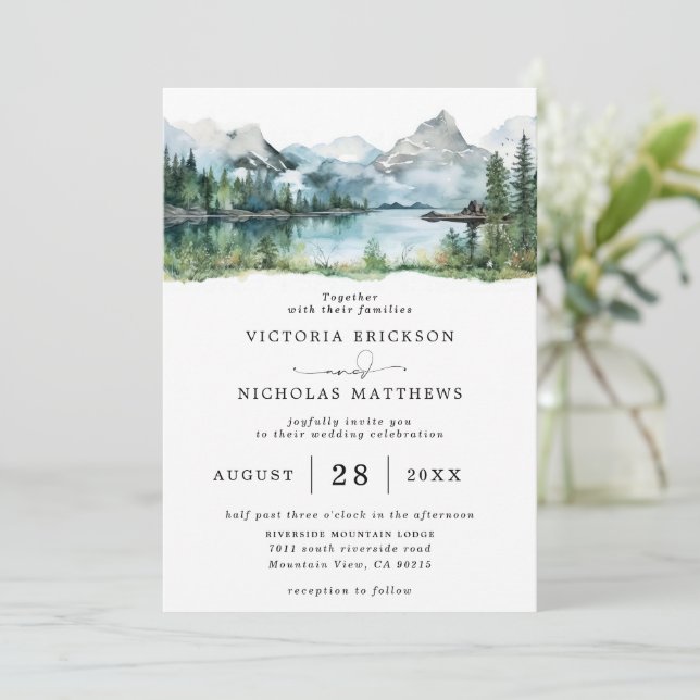 Rustic Mountain Forest Tree Budget QR Code Wedding Invitation (Standing Front)