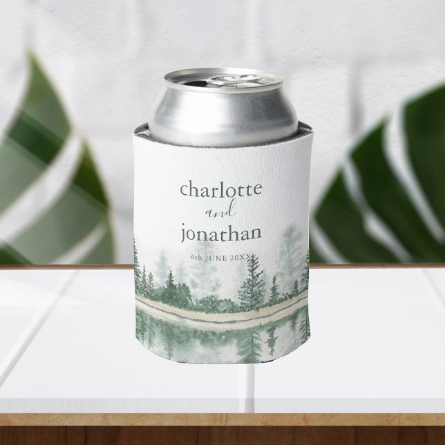 Rustic Mountain Forest Watercolor Wedding Favours Can Cooler (Creator Uploaded)