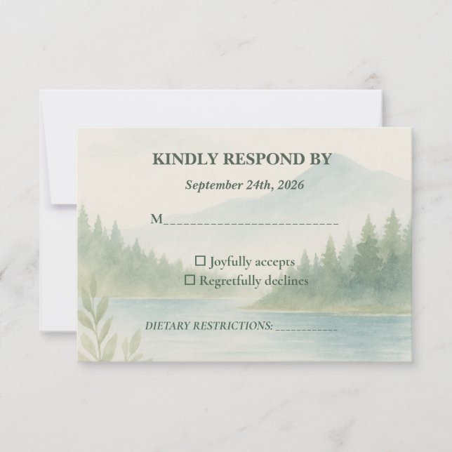 Rustic Mountain Forest Watercolor Wedding RSVP  Card (Front)