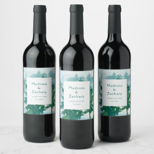Rustic Mountain Forest Watercolor Wedding Wine Label