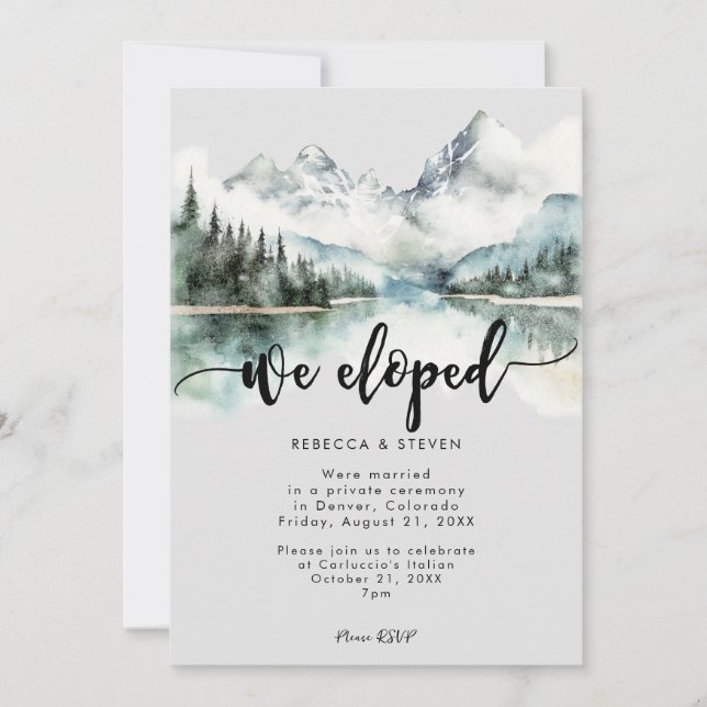 rustic mountain forest we eloped invitation (Front)