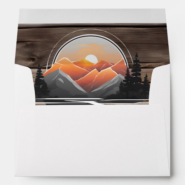 Rustic Mountain Forest Woodland Sunset Wedding Envelope (Back (Bottom))