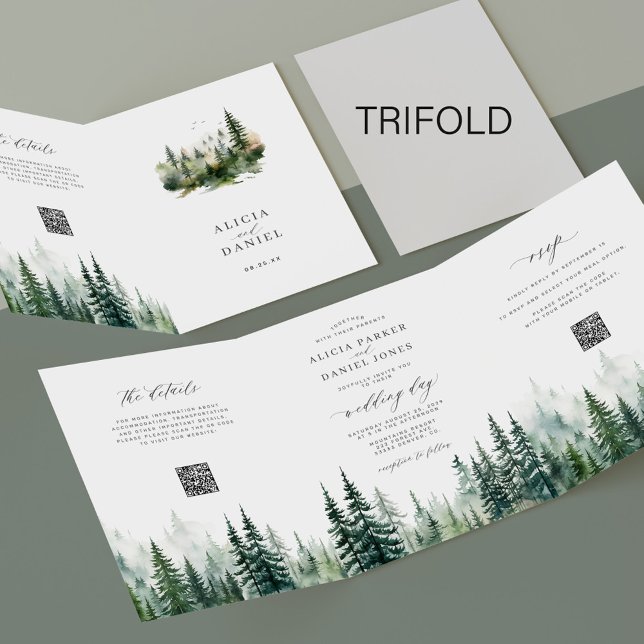 Rustic mountain green pine forest QR code wedding Tri-Fold Invitation (Creator Uploaded)