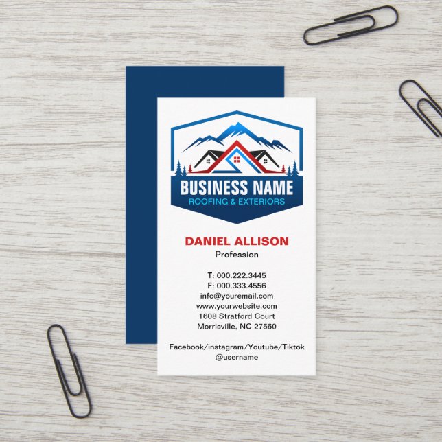 Rustic Mountain House Roofing Red Blue Business Card (Front/Back In Situ)