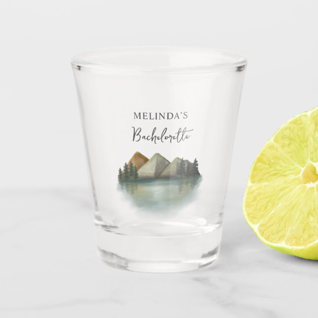 Rustic Mountain & Lake Bachelorette Weekend Shot Glass (Front)