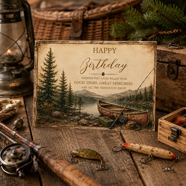 Rustic Mountain Lake Canoe Fishing Birthday | Card (Creator Uploaded)